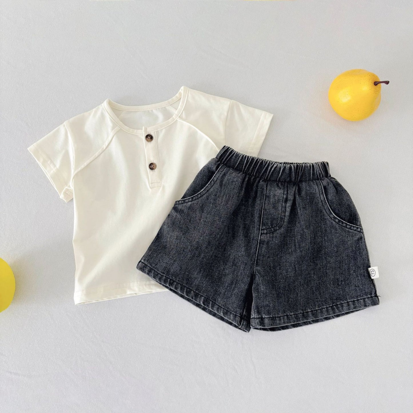 Summer Baby Kids Casual Solid Color Short Sleeves Top with Denim Shorts Clothing Set for, MyKids-USA®, Baby & Toddler Outfits, MyKids-USA - Size/Age - 73 (6-9M) - Color - Beige -  -  - TR2504271913-A