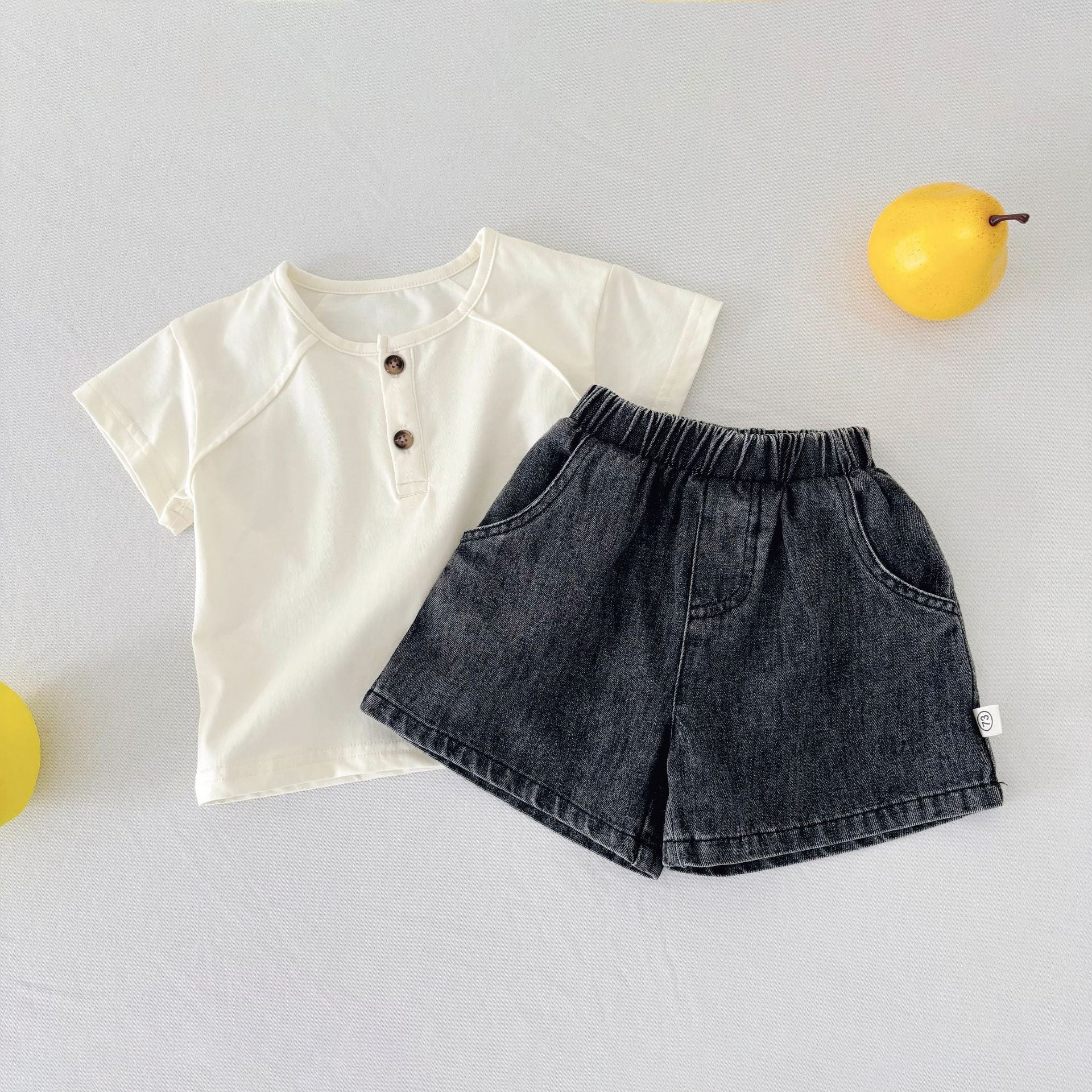 Summer Baby Kids Casual Solid Color Short Sleeves Top with Denim Shorts Clothing Set for, MyKids-USA®, Baby & Toddler Outfits, MyKids-USA - Size/Age - 73 (6-9M) - Color - Beige -  -  - TR2504271913-A