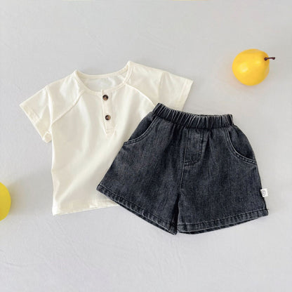 Summer Baby Kids Casual Solid Color Short Sleeves Top with Denim Shorts Clothing Set for, MyKids-USA®, Baby & Toddler Outfits, MyKids-USA - Size/Age - 73 (6-9M) - Color - Beige -  -  - TR2504271913-A
