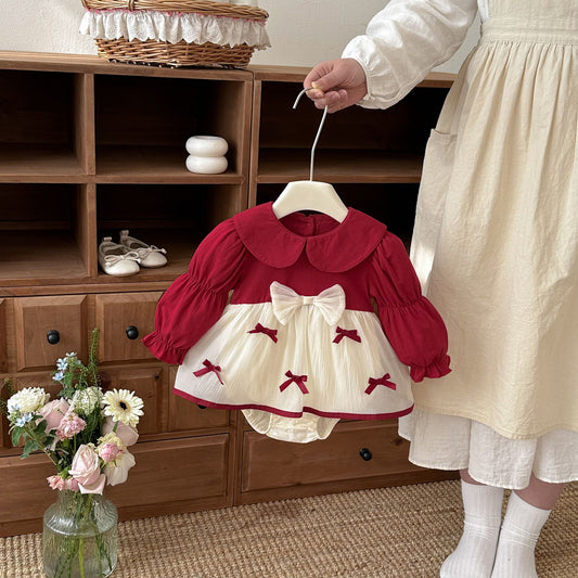 Autumn Arrival Baby Girls Long Sleeves Butterfly-bow Decorated Color Patchwork Onesies Dress, MyKids-USA®, Baby & Toddler Dresses, MyKids-USA - Size/Age - 66 (3-6M) - Color - Red -  -  - TR2601232135-A.