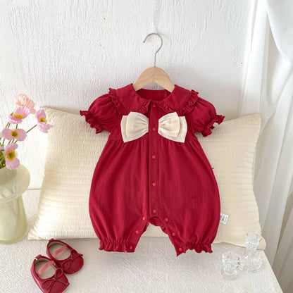 Summer Arrival Baby Girls Cute Short Sleeves Color Patchwork Rompers, MyKids-USA®, Baby One-Pieces, MyKids-USA - Size/Age - 66 (3-6M) - Color - Red -  -  - TR2503312208-A
