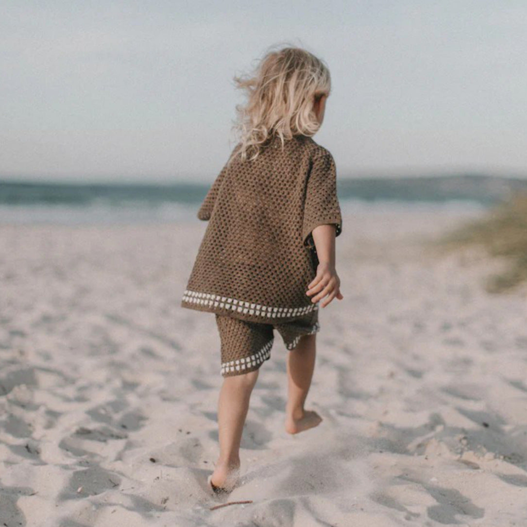 Summer Baby Kids Casual Simple Hollow Out Short Sleeves Top with Shorts Knitted Clothing Set, MyKids-USA®, Baby & Toddler Outfits, MyKids-USA - Size/Age - 66 (3-6M) - Color - Brown -  -  - TR2505102231-B