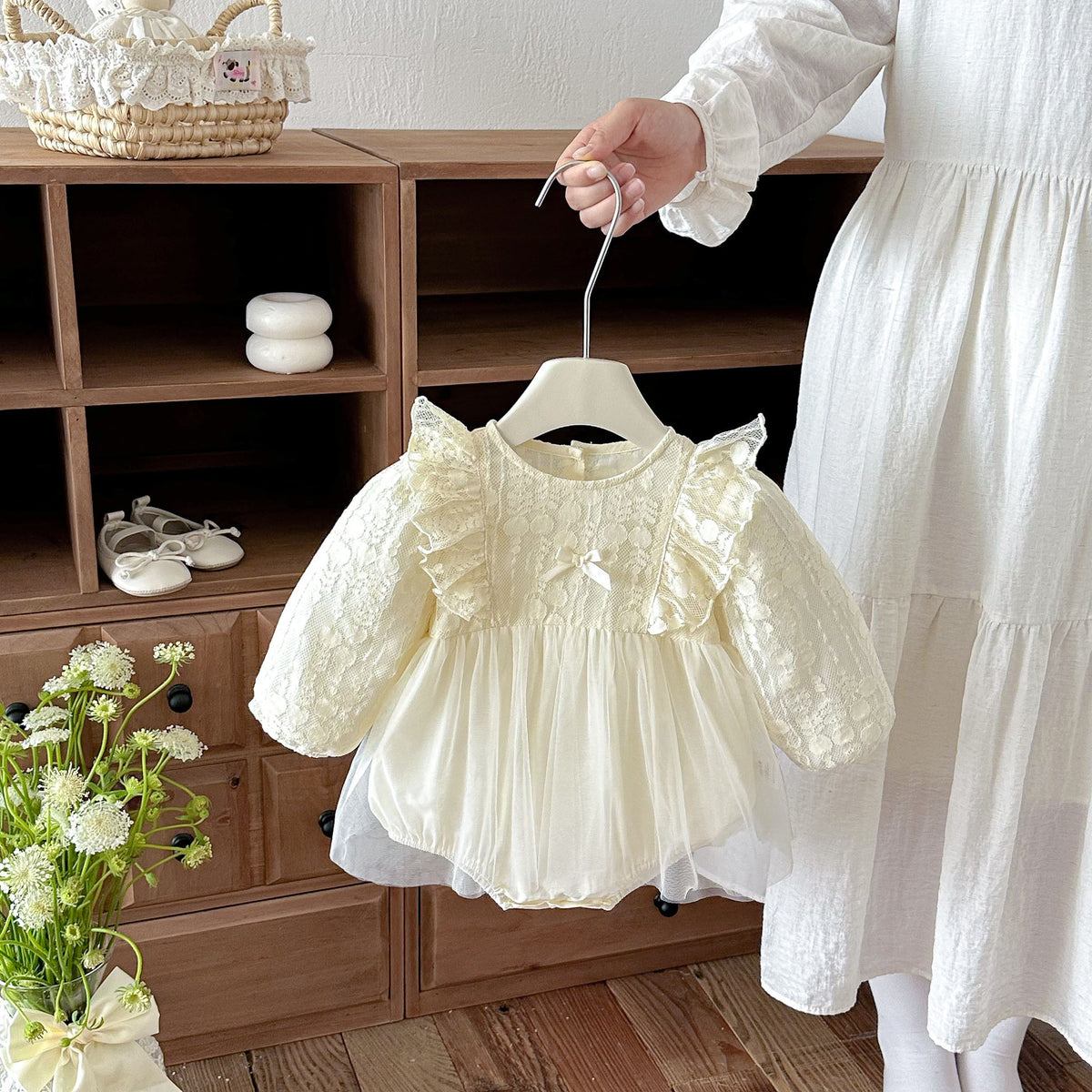 MyKids-USA® Baby Girls Long Sleeves Solid Color Tulle Bodysuit Dress