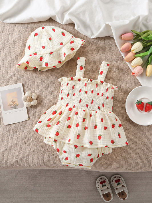 Design Summer Baby Kids Girls Sleeveless Strawberry Pattern Bodysuit with Hat, MyKids-USA®, Baby & Children's One-Pieces, MyKids-USA - Size/Age - 66 (3-6M) - Color - Apricot -  -  - TR2605172352-A.