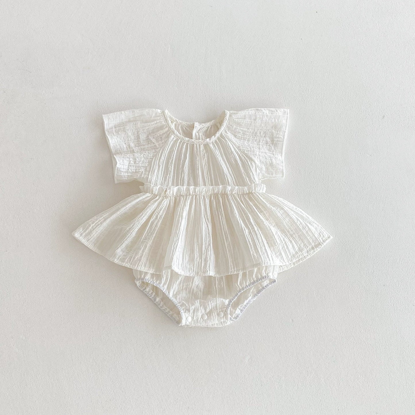 Summer Arrival Baby Girls Cute Pleated Short Sleeves Solid Color Onesies, MyKids-USA®, Baby One-Pieces, MyKids-USA - Size/Age - 66 (3-6M) - Color - Beige -  -  - TR2505252256-B