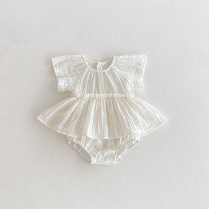 Summer Arrival Baby Girls Cute Pleated Short Sleeves Solid Color Onesies, MyKids-USA®, Baby One-Pieces, MyKids-USA - Size/Age - 66 (3-6M) - Color - Beige -  -  - TR2505252256-B