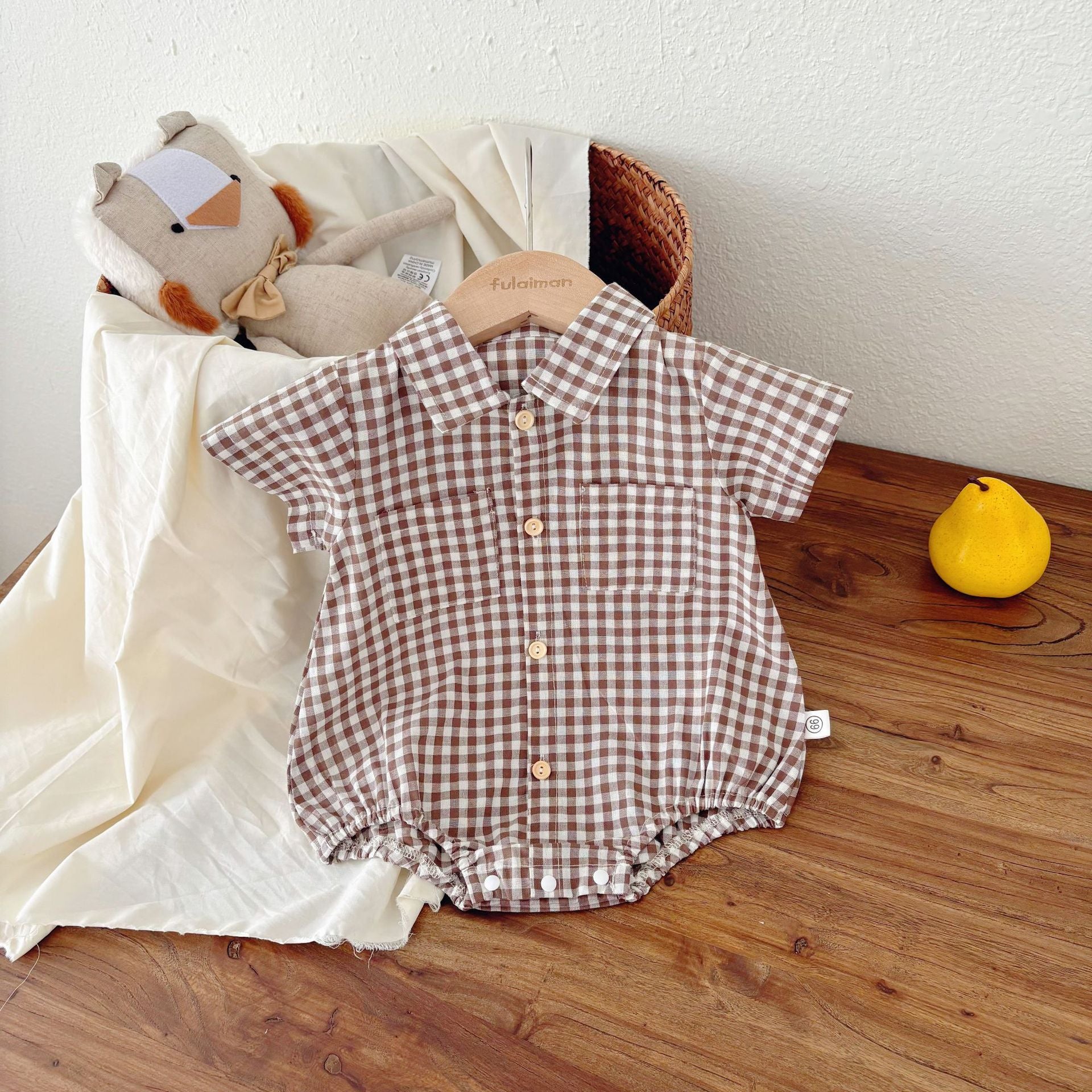 Summer Arrival Baby Boys Casual Plaid Turn-down Collar Short Sleeves Onesies, MyKids-USA®, Baby One-Pieces, MyKids-USA - Size/Age - 66 (3-6M) - Color - Coffee -  -  - TR2505011658-A