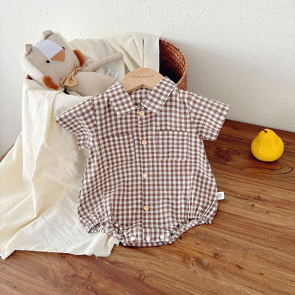 Summer Arrival Baby Boys Casual Plaid Turn-down Collar Short Sleeves Onesies, MyKids-USA®, Baby One-Pieces, MyKids-USA - Size/Age - 66 (3-6M) - Color - Coffee -  -  - TR2505011658-A