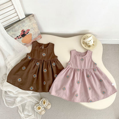 MyKids-USA® Arrival Autumn Baby Kids Girls Long Sleeves Apricot Dress and Flowers Embroidered Sleeveless Dress Clothing Set