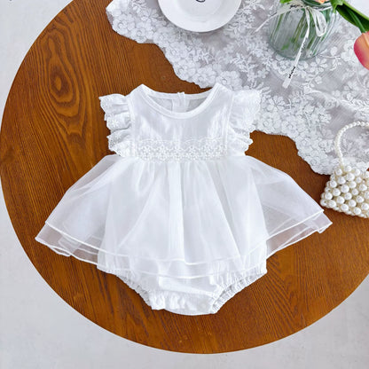 Summer Arrival Baby Girls Fly Sleeves Tulle Patchwork Lace Decorated Onesies, MyKids-USA®, Baby & Toddler Dresses, MyKids-USA - Size/Age - 66 (3-6M) - Color - Beige -  -  - TR2506072029-A