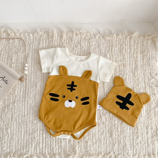 Summer Arrival Baby Short Sleeves Tiger Pattern Color Patchwork Bodysuit