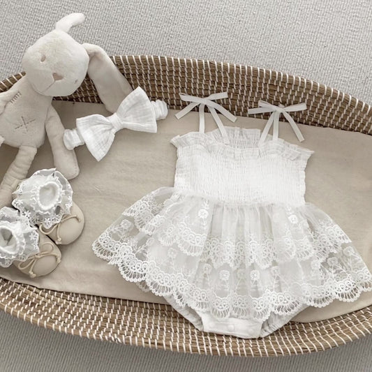 Summer Arrival Baby Girls Cute Sleeveless Solid Color Lace Patchwork Onesies, MyKids-USA®, Baby One-Pieces, MyKids-USA - Size/Age - 66 (3-6M) - Color - Beige -  -  - TR2504082115-A