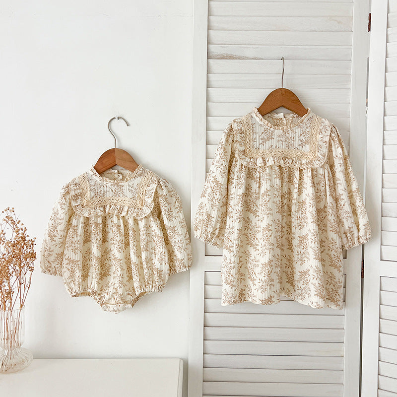 Spring Baby Girls French-style Floral Long-sleeved Onesies and Dress – Princess Sister Matching Set, MyKids-USA®, Baby & Toddler Outfits, MyKids-USA -  -  -  -  -  -  - 