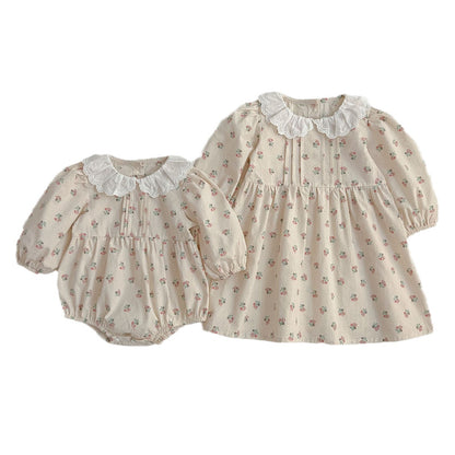 Adorable Baby Doll Collar Onesies And Floral Pattern Girls’ Dress – Princess Sister Matching Set