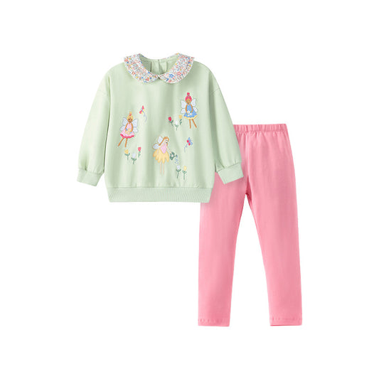 Spring and Autumn Girls Fairy Cartoon Pattern Long Sleeves Sweatshirt with Collar and Pink Pants Clothing Set, MyKids-USA®, Baby & Toddler Outfits, MyKids-USA - Size/Age - 90 (12-24M) - Color - Pink -  -  - TR2507102112-A