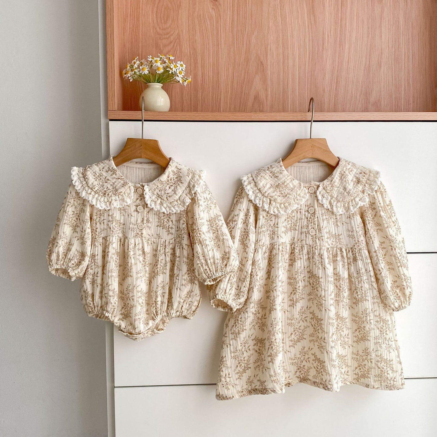 MyKids-USA® Adorable Baby Lace Trim Collar Onesies and Floral Pattern Girls’ Dress – Princess Sister Matching Set