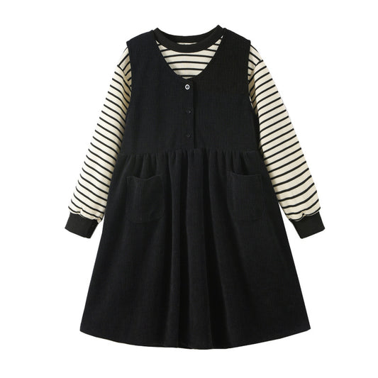 Girls Striped Pullover Tops Black Dress Sets, MyKids-USA®, Baby & Toddler Outfits, MyKids-USA - Size/Age - 120 (5-7Y) - Color - Black -  -  - TR2311131720-A