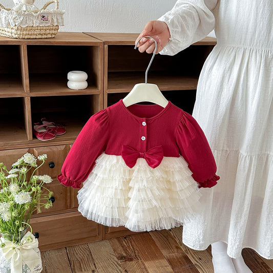 MyKids-USA® Baby Girls Long Sleeves Color Patchwork Tulle Bodysuit Dress