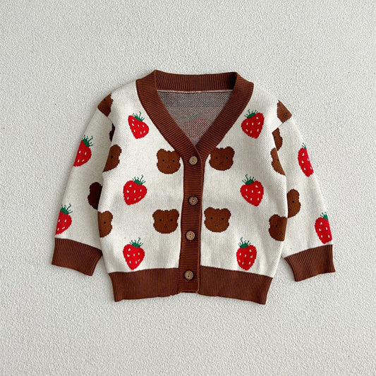 Baby Girls Cute Strawberry Combo Little Bear Head Long-Sleeved Cardigan, MyKids-USA®, Baby & Toddler Outerwear, MyKids-USA - Size/Age - 66 (3-6M) - Color - Coffee -  -  - QQ2310180902-A