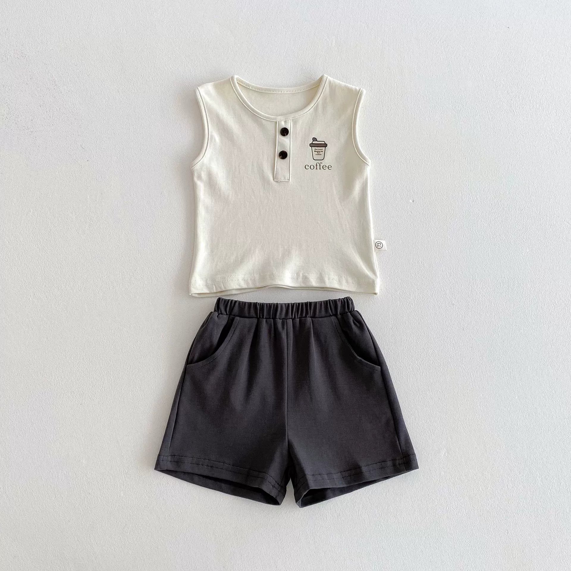 Summer Hot Selling Baby Kids Unisex Sleeveless Coffee Logo Printed Vest and Plain Shorts Clothing Set, MyKids-USA®, Baby & Toddler Outfits, MyKids-USA - Size/Age - 73 (6-9M) - Color - Beige -  -  - TR2505301032-A