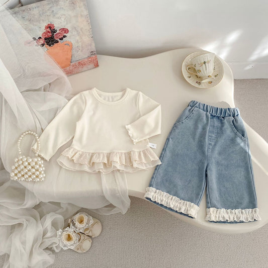 Spring Baby Kids Girls Long Sleeves Cute Lace Trim Top and Denim Jeans Clothing Set, MyKids-USA®, Baby & Toddler Outfits, MyKids-USA - Size/Age - 73 (6-9M) - Color - Apricot -  -  - TR2601181722-A.