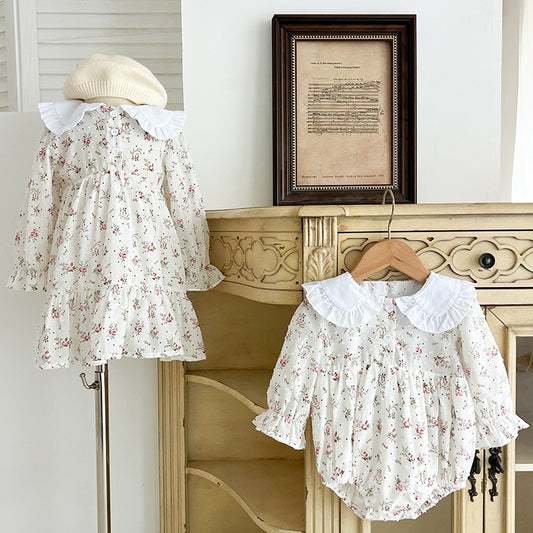 Spring Baby Girls French-style Floral Long-sleeved Onesies and Dress – Princess Sister Matching Set, MyKids-USA®, Baby & Toddler Outfits, MyKids-USA -  -  -  -  -  -  - 