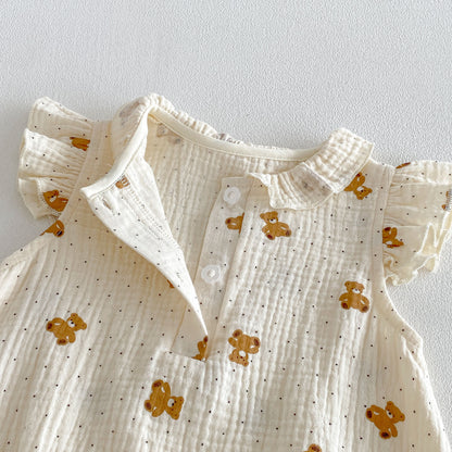 Design Summer Baby Kids Girls Fly Sleeves Teddy Bear Pattern Bodysuit