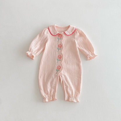 Spring Arrival Baby Girls Long Sleeves Rose Flowers Embroidered Pattern Rompers, MyKids-USA®, Baby One-Pieces, MyKids-USA - Size/Age - 66 (3-6M) - Color - Pink -  -  - TR2502232359-A