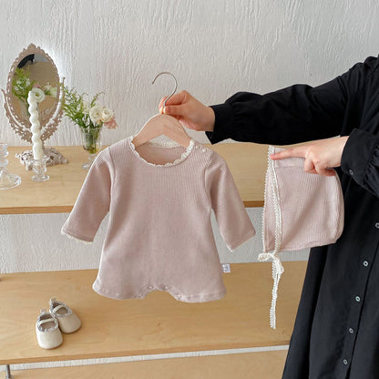 Autumn Arrival Baby Unisex Long Sleeves Lace Trim Decorated Waffle Grid Onesies with Hat, MyKids-USA®, Baby One-Pieces, MyKids-USA - Size/Age - 66 (3-6M) - Color - Pink -  -  - TR2509192353-C