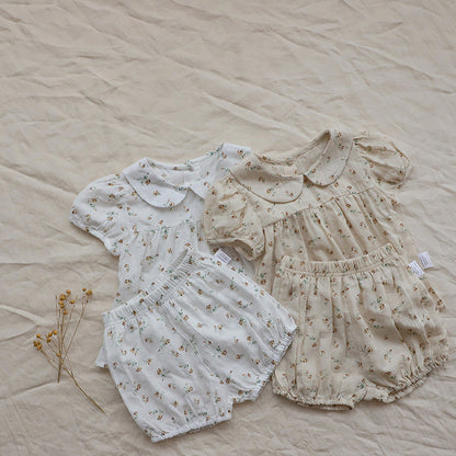 Arrival Summer Baby Kids Girls Short Sleeves Peter Pan Collar Top and Shorts Floral Clothing Set