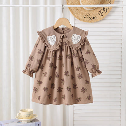 Autumn Arrival Baby Kids Girls Floral Pattern Long Sleeves Dress with Embroidered Collar, MyKids-USA®, Baby & Toddler Dresses, MyKids-USA - Size/Age - 90 (12-24M) - Color - Brown -  -  - TR2509302305-A
