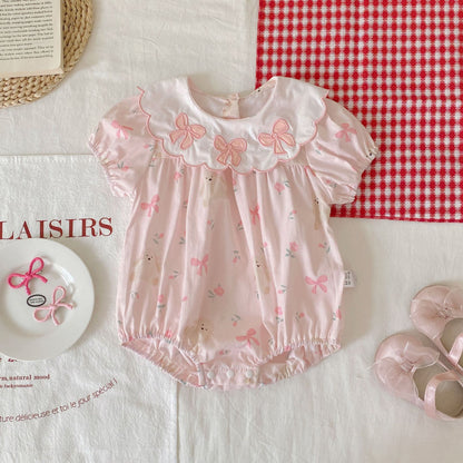 Summer Arrival Baby Girls Short Sleeves Butterfly-bows Pattern Color Patchwork Bodysuit, MyKids-USA®, Baby One-Pieces, MyKids-USA - Size/Age - 66 (3-6M) - Color - Pink -  -  - TR2603202054-A.
