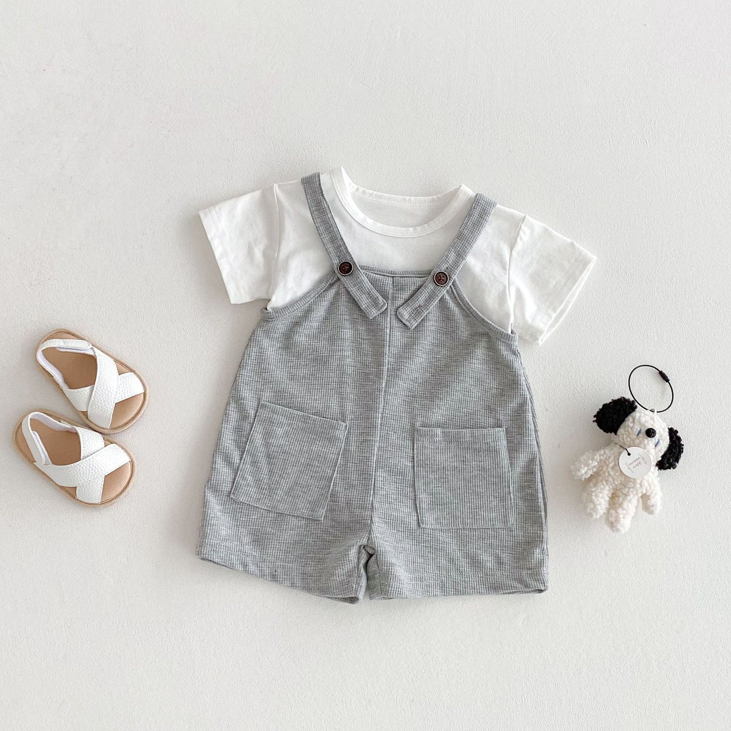 Summer Hot Selling Baby Kids Unisex Sleeveless Pocketed Grey Strap Overalls and White T-Shirt Clothing Set, MyKids-USA®, Baby & Toddler Outfits, MyKids-USA - Size/Age - 66 (3-6M) - Color - Grey -  -  - TR2505112228-A