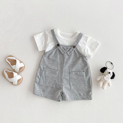 Summer Hot Selling Baby Kids Unisex Sleeveless Pocketed Grey Strap Overalls and White T-Shirt Clothing Set, MyKids-USA®, Baby & Toddler Outfits, MyKids-USA - Size/Age - 66 (3-6M) - Color - Grey -  -  - TR2505112228-A