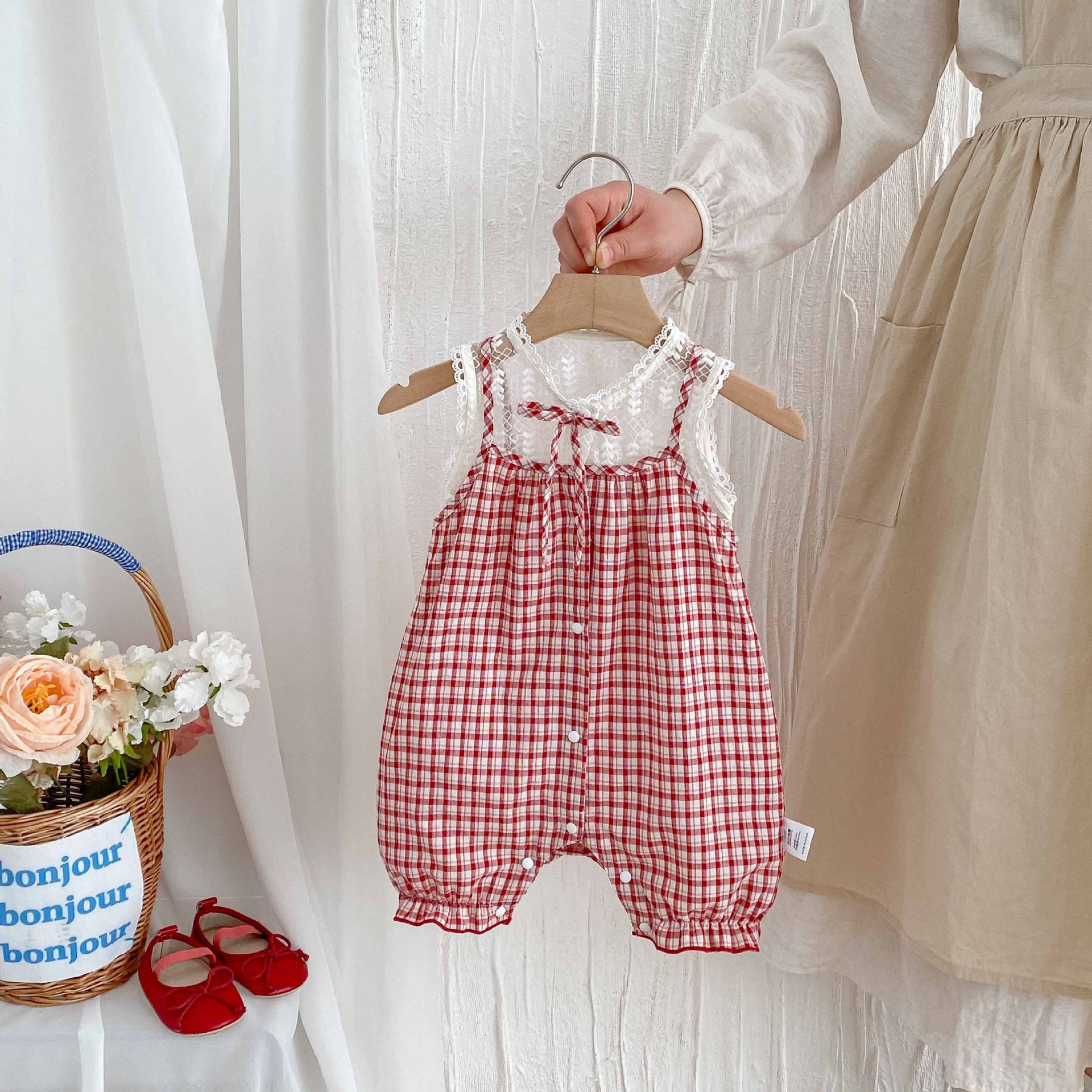 Summer Arrival Baby Girls Cute Lace Patchwork Sleeveless Plaid Rompers, MyKids-USA®, Baby One-Pieces, MyKids-USA - Size/Age - 66 (3-6M) - Color - Red -  -  - TR2504222040-A