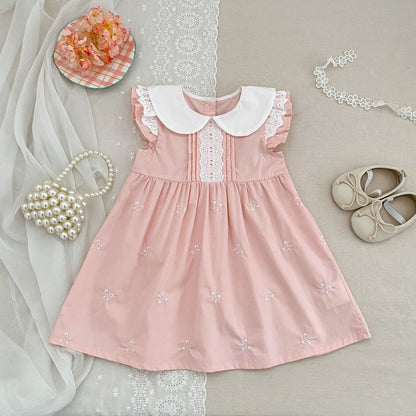 Summer Girls Simple Embroidered Pattern Peter Pan Collar Onesies and Dress – Princess Sister Matching Set, MyKids-USA®, Baby & Toddler Outfits, MyKids-USA - Size/Age - 66 (3-6M) - Color - Pink -  -  - TR26034212221-F.