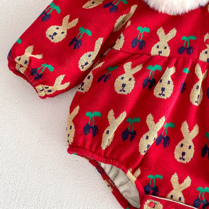 Newborn Baby Girls Rabbits And Fruits Pattern Knitted Crew Neck Long Sleeves Onesie