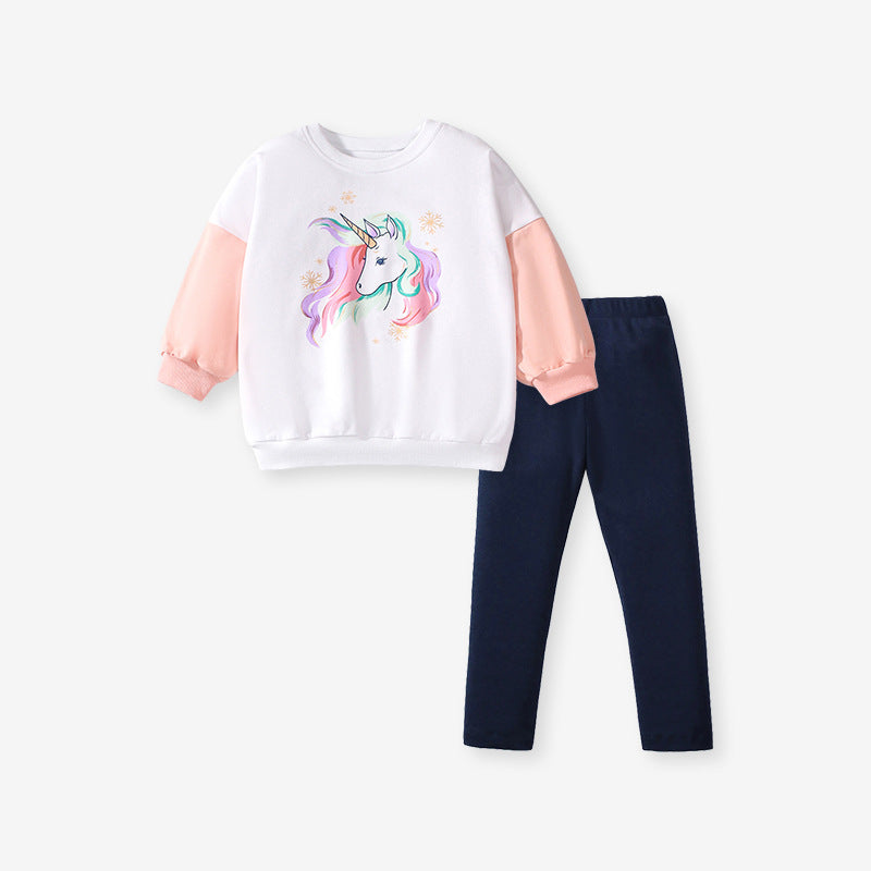 Spring And Autumn Girls Cartoon Unicorn Pattern Long Sleeves Crew Neck Top Sweatshirt And Pants Clothing Set, MyKids-USA®, Baby & Toddler Outfits, MyKids-USA - Size/Age - 90 (12-24M) - Color - White -  -  - TR2407232132-A