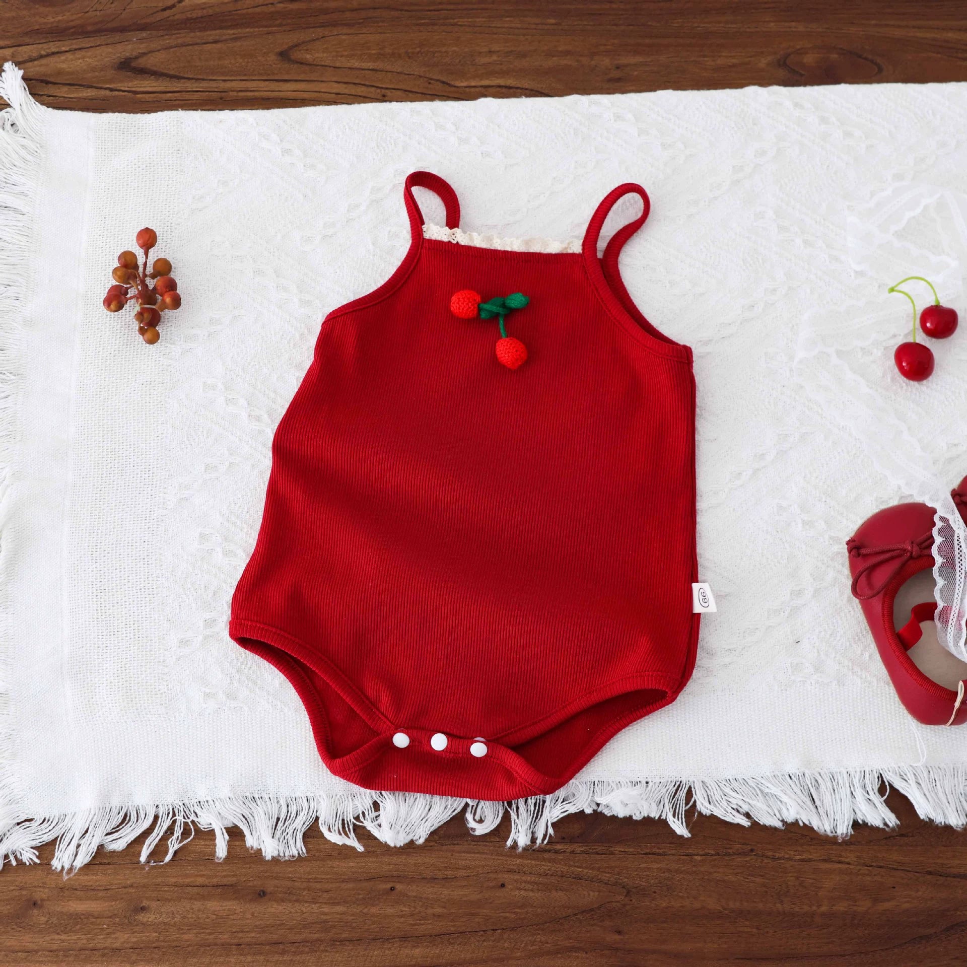 Summer Arrival Baby Girls Cute Red Sleeveless Cherry Decorated Onesies, MyKids-USA®, Baby One-Pieces, MyKids-USA - Size/Age - 66 (3-6M) - Color - Red -  -  - TR2505272104-A