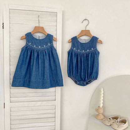 Summer Girls Flowers Pattern Denim Bodysuit and Dress – Princess Sister Matching Set, MyKids-USA®, Baby & Children's Outfits, MyKids-USA -  -  -  -  -  -  - .