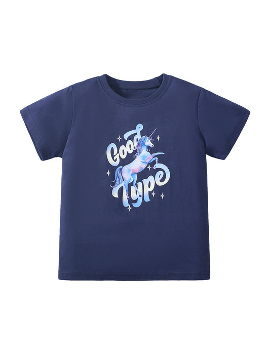 Crew Neck Cartoon And Words Print Girls’ T-Shirt In European And American Style For Summer