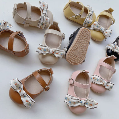 New Arrival Baby Girl Floral Embroidery Bow Toddler Soft-Sole Anti-Slip Walking Shoes