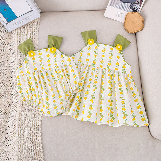 Summer Girls Yellow Floral Pattern Sleeveless Strap Onesies And Girls’ Dress – Princess Sister Matching Set