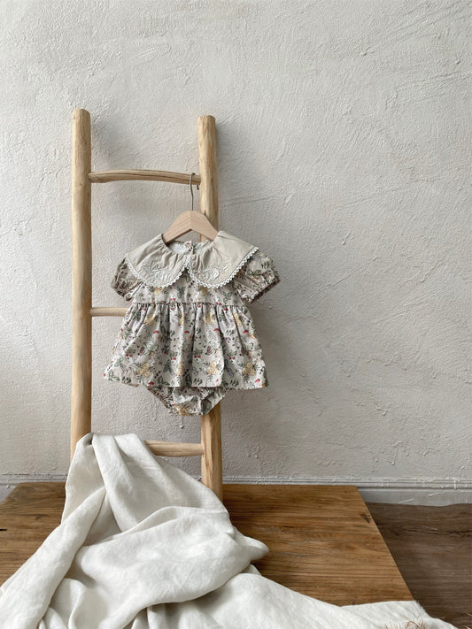 Summer Arrival Baby Girls Short Sleeves Vintage Flowers Pattern Bodysuit Dress
