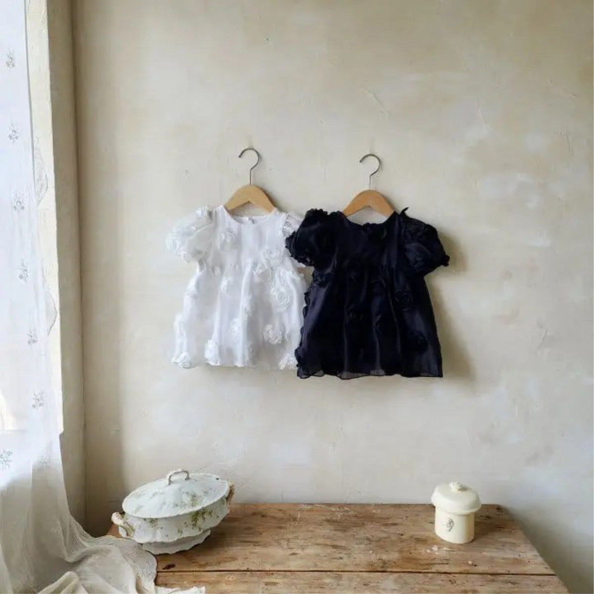 Summer Arrival Baby Girls Short Sleeves Solid Color Flowers Pattern Bodysuit Dress