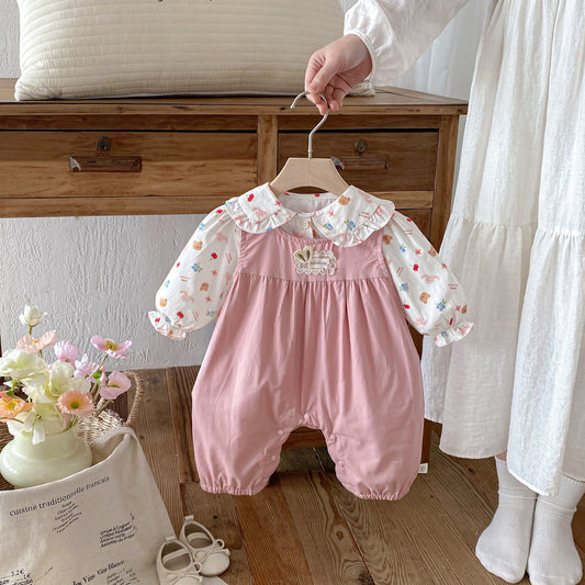 Spring and Autumn Baby Kids Girls Long Sleeves Cartoon Pattern Top and Pink Sleeveless Rompers Clothing Set