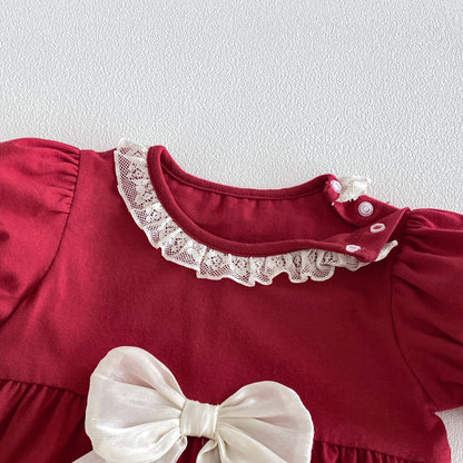 Arrival Summer Baby Kids Girls Short Sleeves Lace Trim Red Rompers