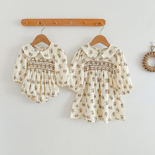 Floral Dots Adorable Baby Peter Pan Collar Onesies And Girls’ Dress – Princess Sister Matching Set