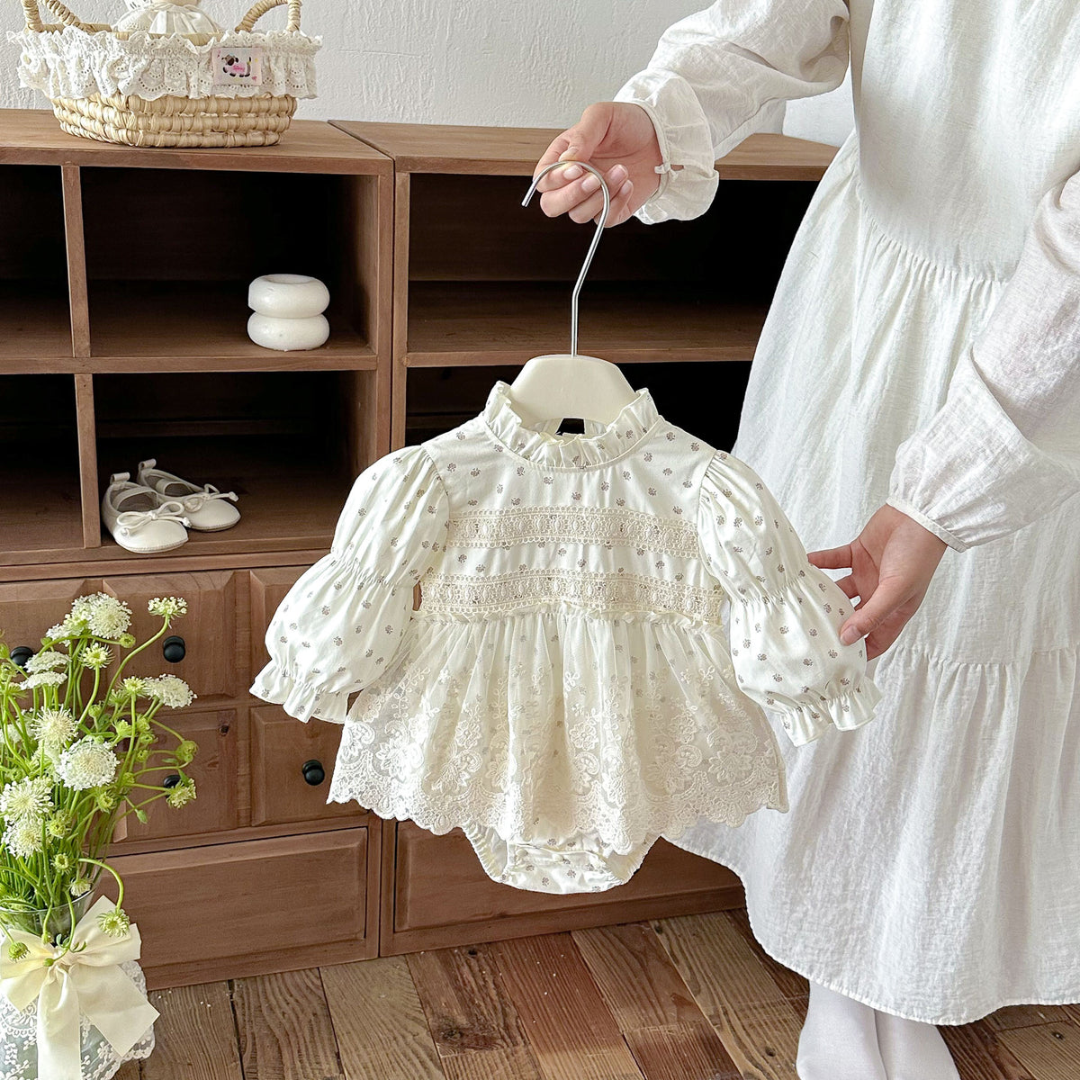 MyKids-USA® Baby Girls Long Sleeves Flowers Pattern Lace Trim Bodysuit Dress