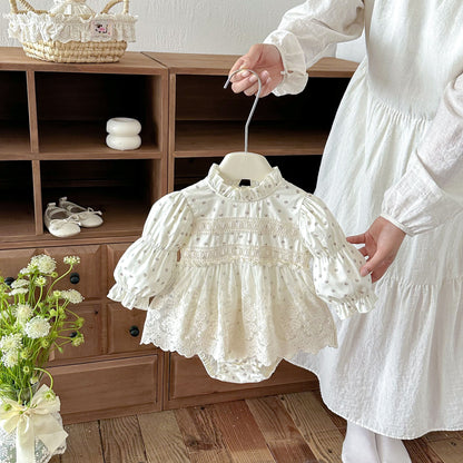 MyKids-USA® Baby Girls Long Sleeves Flowers Pattern Lace Trim Bodysuit Dress